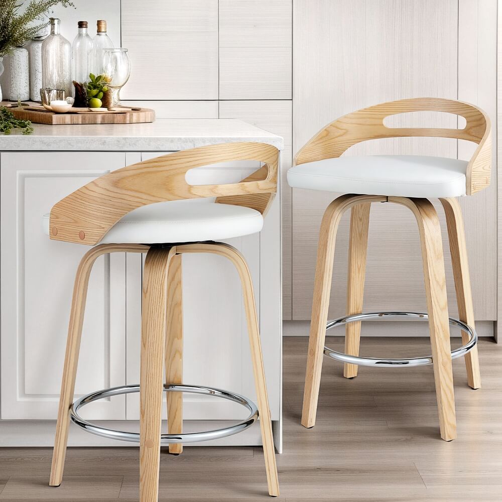 Coastal Modern White PU Leather Wooden Bar Stools