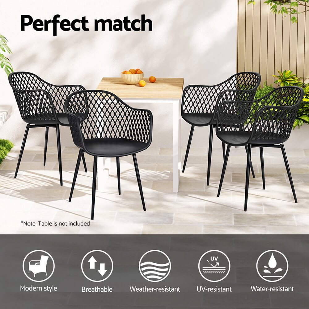 Plastic UV-Resistant Black Outdoor Dining Chairs With Arms Set Of 4