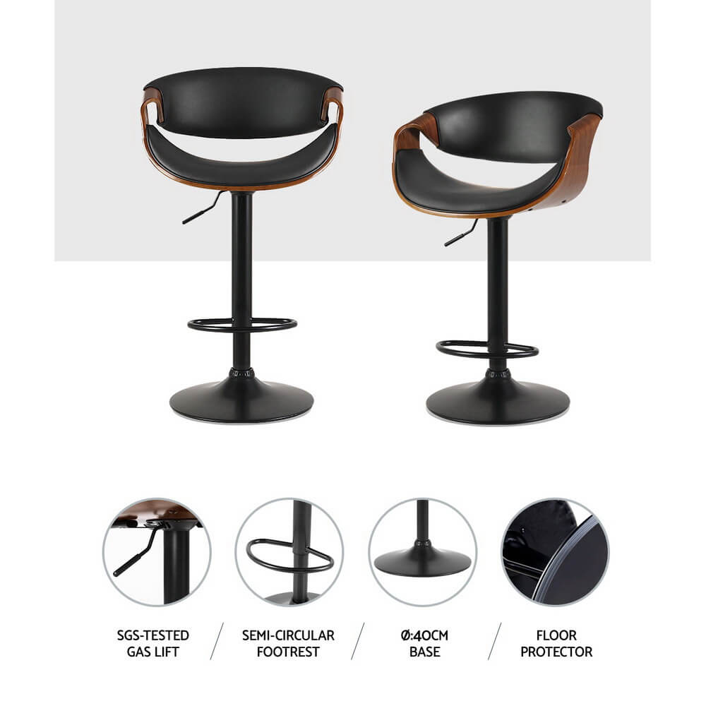 Contemporary Black PU Leather Wooden Bar Stools | Set Of 2