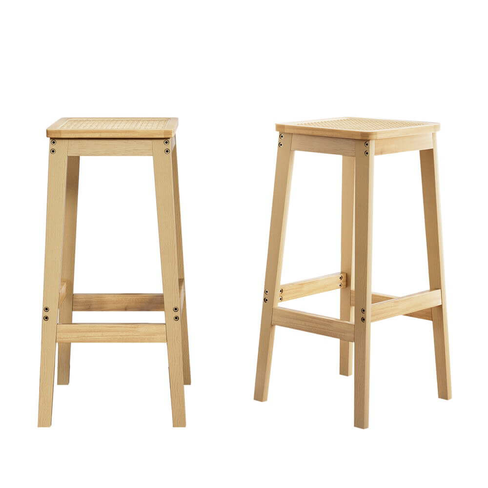 Coastal Natural Rattan Wooden Bar Stools | Set Of 2