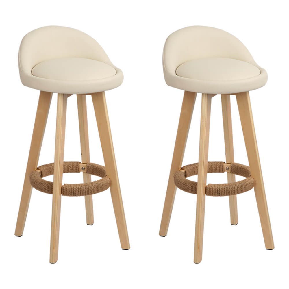 Beige PU Leather Fabric Wooden Bar Stools Set Of 2