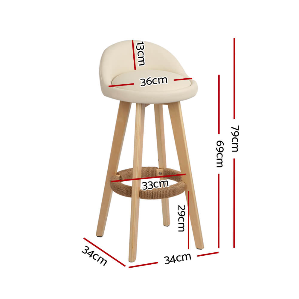 Beige PU Leather Fabric Wooden Bar Stools Set Of 2