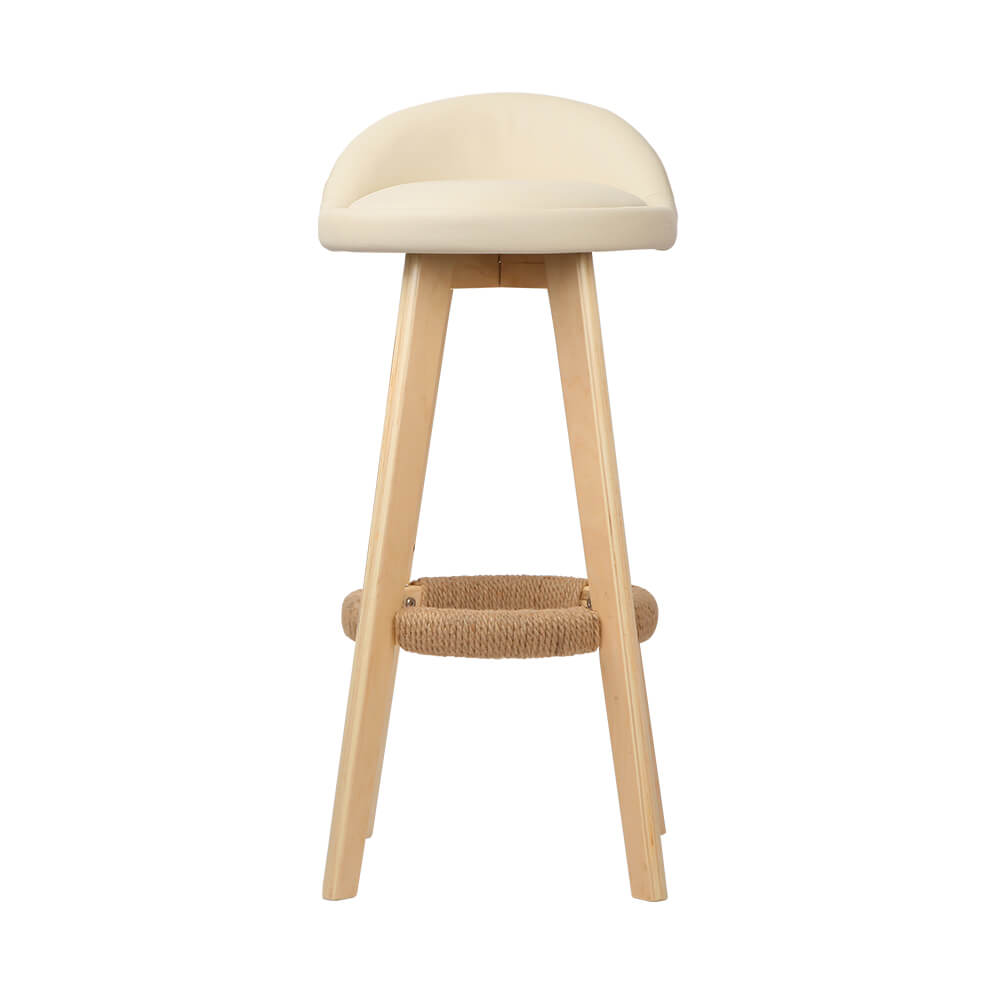 Beige PU Leather Fabric Wooden Bar Stools Set Of 2