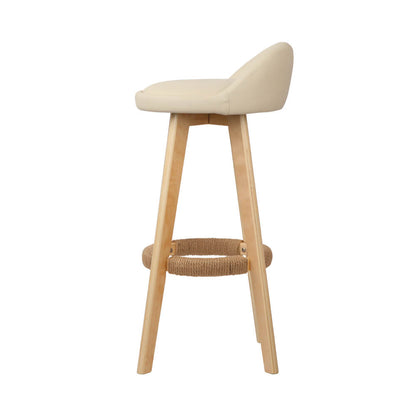 Beige PU Leather Fabric Wooden Bar Stools Set Of 2