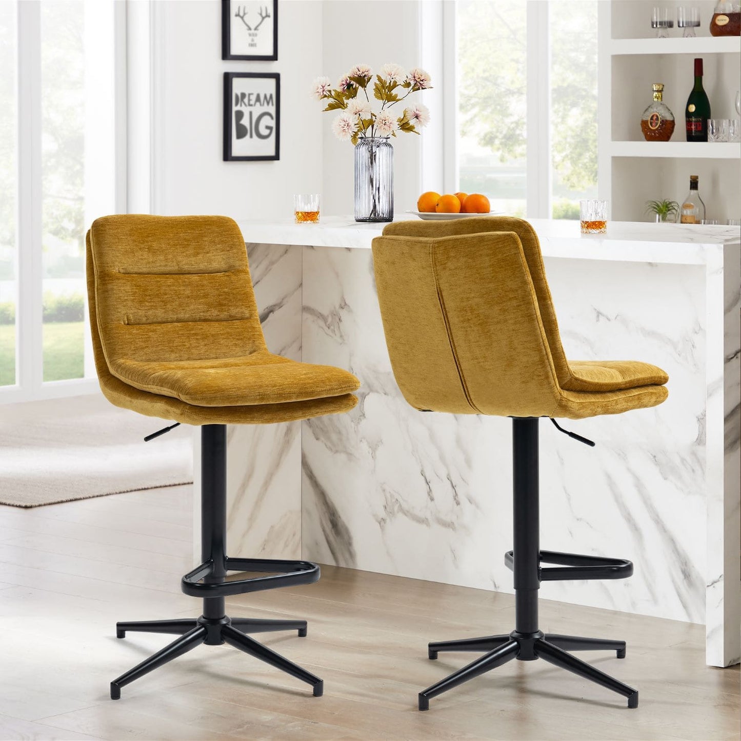 Hampshire | Modern Adjustable Padded Fabric Bar Stool | Gold