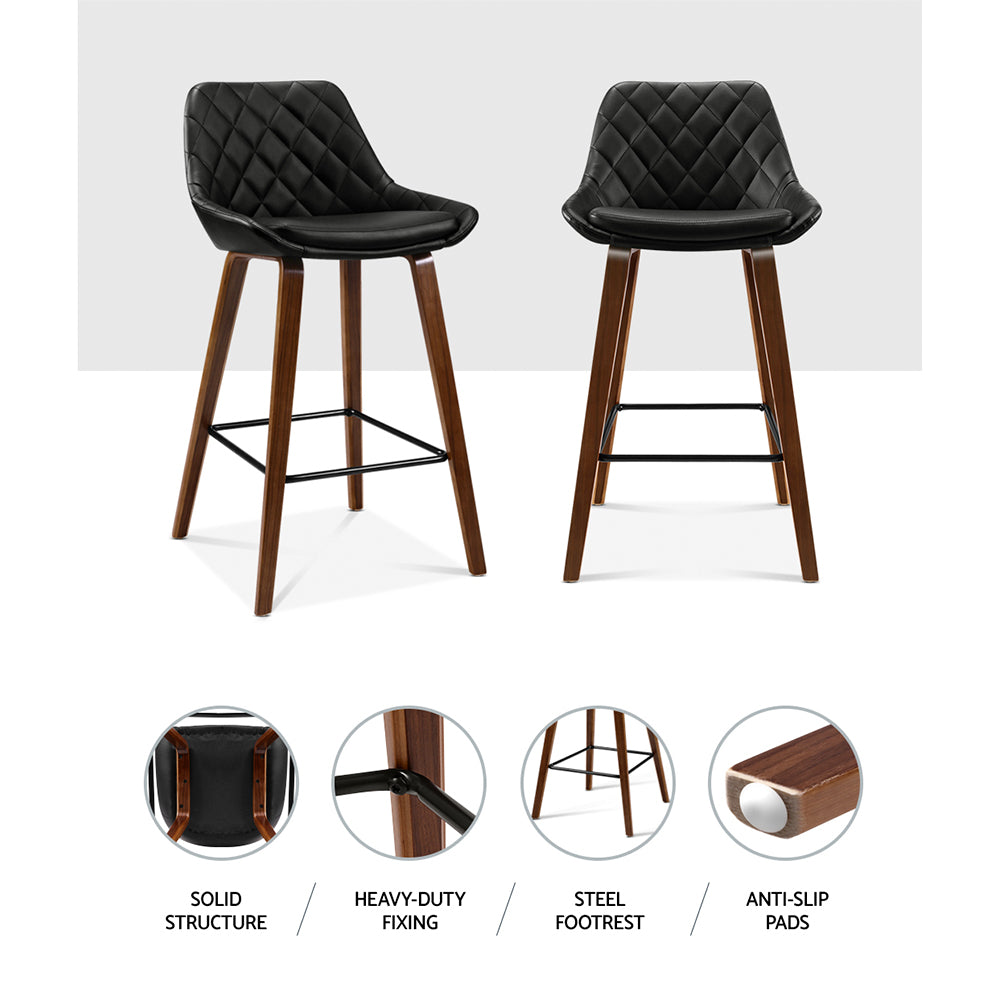 Henty | Modern 68cm Wooden Black PU Leather Bar Stools | Set of 2