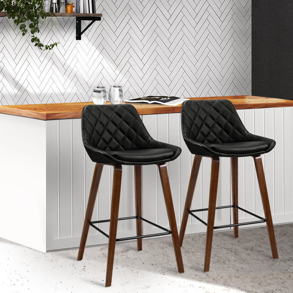 Henty | Modern 68cm Wooden Black PU Leather Bar Stools | Set of 2