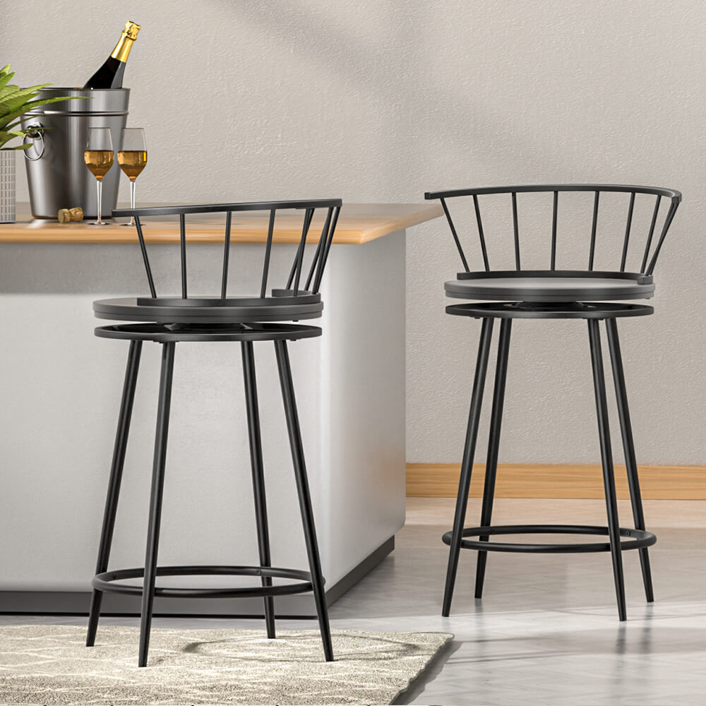 Kalimna | Contemporary Black Metal Swivel Bar Stools With Arms | Set of 2 | Black