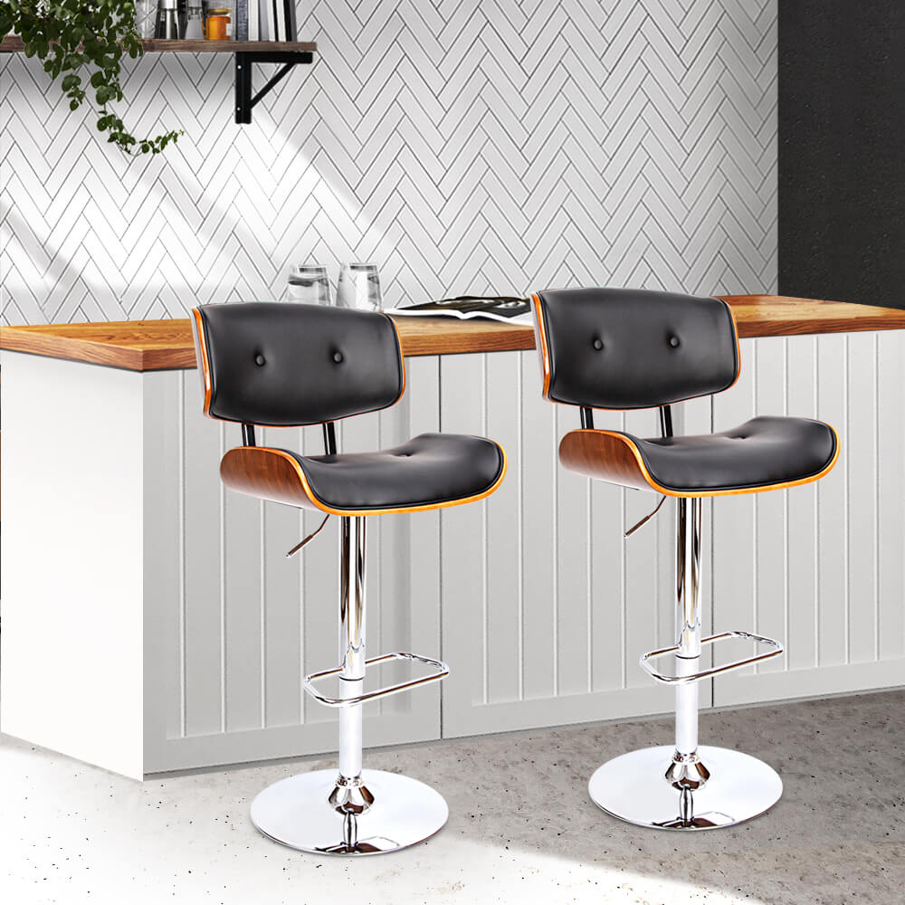 Merricks | Modern Swivel Black & White PU Leather Wooden Bar Stools | Set Of 2