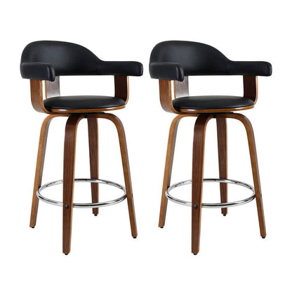 Modern Black PU Leather Wooden Bar Stools With Arms | Set Of 2