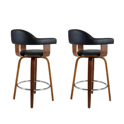 Modern Black PU Leather Wooden Bar Stools With Arms | Set Of 2