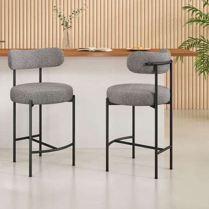 Napier | Modern Metal 66cm Grey Boucle Fabric Bar Stools | Set Of 2 | Grey