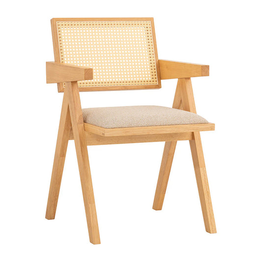 Beige Natural Rattan Wooden Dining Chair With Arms