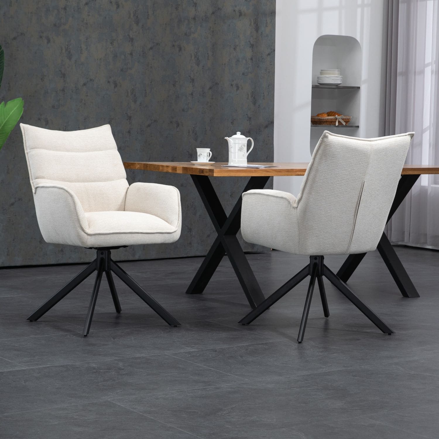 Robinvale | Modern Metal Fabric Dining Chair With Arms | Set Of 2 | Beige