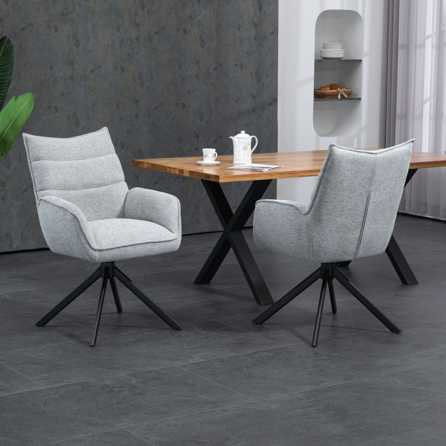 Robinvale | Modern Metal Fabric Dining Chair With Arms | Set Of 2 | Grey Silver