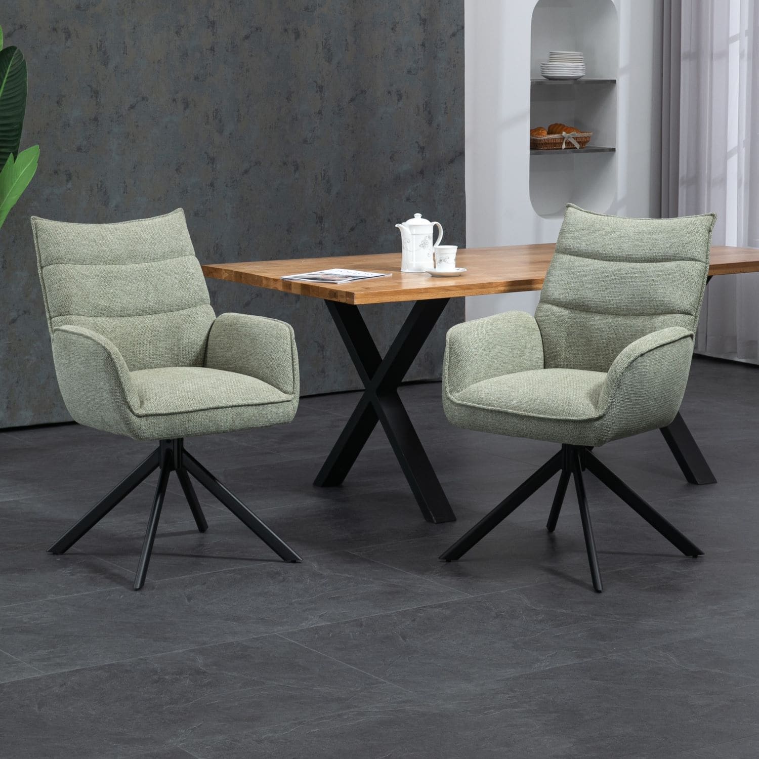 Robinvale | Modern Metal Fabric Dining Chair With Arms | Set Of 2 | Moss