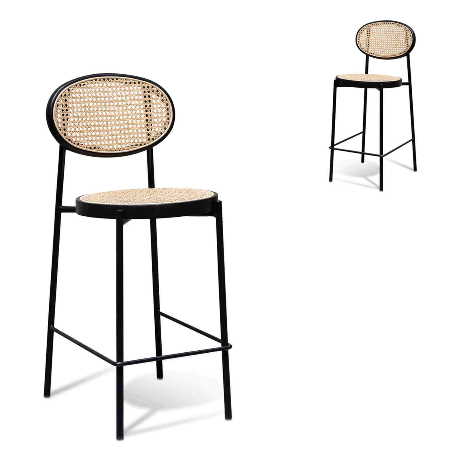 Sunnyside | 65cm Coastal Metal Black Rattan Wooden Bar Stools | Set Of 2